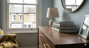 A side-profile view of a walnut chest of drawers, styled with books and a lamp, looking out toward a typical British street.