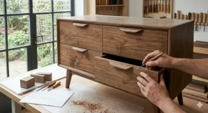 A compact 3-drawer mid century modern chest of drawers suitable for a small flat or bedside storage.