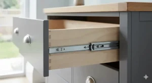 A photorealistic internal view looking into an opened drawer of the grey two-tone chest of drawers, detailing the smooth-action metal ball-bearing runner and pale birch plywood construction.