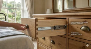 Close-up of an open pine drawer featuring traditional dovetail joints and modern precision ball-bearing runners.