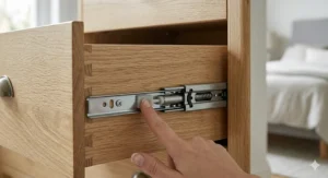Close-up of high-quality soft close runners on a wooden chest of drawers ensuring silent closing.