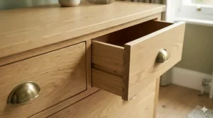 Close-up showing the natural wood grain and dovetail joints of a solid oak 6 drawer chest of drawers.