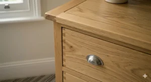 Detailed shot of the wood grain and dovetail joints on a high-quality 3 drawer chest of drawers.