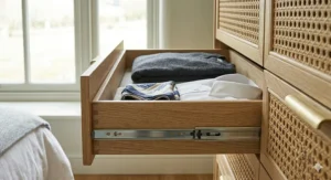 A photorealistic close-up view looking into an open top drawer of the oak and rattan chest of drawers, showing the smooth internal wood finish, metal runners, and organized clothing under soft daylight.