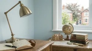 A five-drawer chest in a master bedroom setting, topped with a large round mirror and a vase of dried flowers.