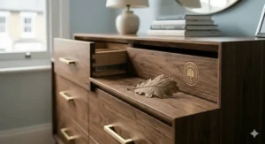 A detail shot of a walnut drawer featuring a "Certified Sustainable Timber UK" gold seal, representing eco-friendly sourcing.