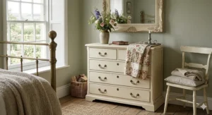 A slim tallboy cream chest of drawers positioned in a narrow hallway with traditional Victorian floor tiles.