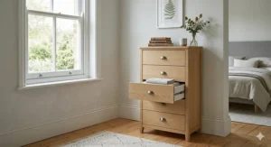 A slim five-drawer tallboy chest with soft-close functionality, ideal for smaller UK bedrooms.