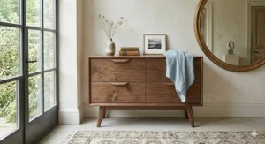 Close-up of the iconic tapered legs and brass ferrules on a mid century modern chest of drawers.