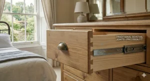 Detailed view of a precision-fit dovetail joint on a solid wood drawer, highlighting quality British craftsmanship.