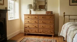 Solid pine wide chest of drawers with bun feet and round wooden knobs for a rustic look.