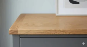 A detailed photorealistic close-up photograph showcasing the intricate texture and rich grain of the solid oak top surface on the grey and wood two-tone chest of drawers.