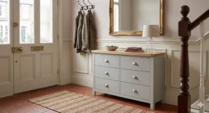 A photorealistic 4K styled photograph of the grey-and-oak chest set within a traditional British hallway with terracotta tile flooring and a jute runner rug.