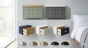 A photorealistic 4K styled display presenting multiple two-tone colour combinations, including sage green and charcoal grey chests with oak tops and various drawer finish samples.