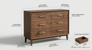 A technical dimension diagram of a 6-drawer walnut chest, showing measurements in millimetres and centimetres for height, width, and depth.
