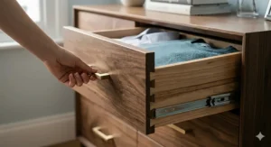 A hand opening a walnut drawer with a brushed brass handle, showing the smooth metal sliding mechanism and internal storage.