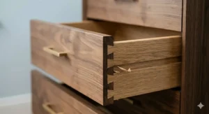 Detailed view of traditional dovetail joints on an open walnut drawer, highlighting high-quality British furniture craftsmanship.