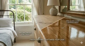 A split-view comparison showing the difference between a natural waxed pine finish and a high-gloss clear lacquer.