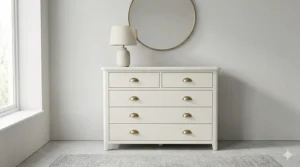 A minimalist white 6 drawer chest of drawers with wooden legs, ideal for a modern UK home.