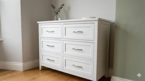 A classic white Shaker-style assembled chest of drawers with brushed chrome handles against a neutral wall.
