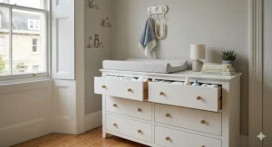 Large white wide chest of drawers used as a changing station in a nursery.