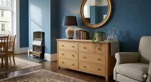A wide chest of drawers used as a stylish sideboard in a British living room setting.