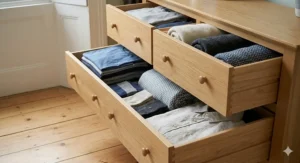 Internal view of a wide chest of drawers showing deep storage space for folded clothes.
