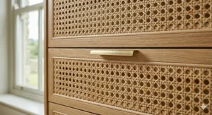 Close-up view of the intricate hand-woven rattan mesh and a brushed brass handle on a bedroom drawer, showing the detailed natural texture under soft daylight.