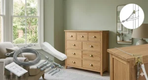 Safety illustration showing the high-security anti-topple wall attachment kit and components for a 10 drawer chest.