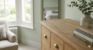 Close-up detail of brushed brass cup handles and natural wood grain on a high-quality 10 drawer chest.