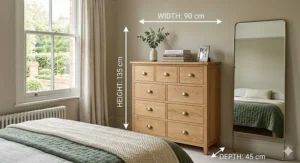 Technical diagram of a 10 drawer chest showing height, width, and depth measurements in centimetres for UK home planning.