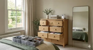 Interior view of an oak 10 drawer chest with drawers open to show fabric organisers for socks, ties, and clothing accessories.