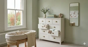A 10 drawer chest used as nursery storage for baby clothes and nappies next to a wicker Moses basket.