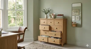 A tall 10 drawer chest used for paperwork and stationery organisation in a British home office with a traditional wooden desk.