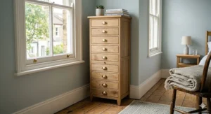 A slim 10 drawer chest with a small footprint styled as a tallboy in a modern British bedroom. 10 drawer chest small footprint