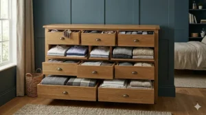 A multi-drawer oak chest of drawers organised with folded knitwear, shirts, and small clothing items.