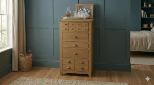 A vertical 10 drawer tallboy chest of drawers designed to save floor space in a compact UK bedroom.