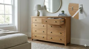 A close-up photograph of a brushed antique brass cup pull handle and the detailed oak wood grain on a drawer of the large 8 drawer chest.