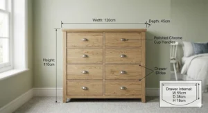 Technical diagram showing the width, height, and depth in cm for a large 8 drawer chest of drawers with polished chrome cup handles.
