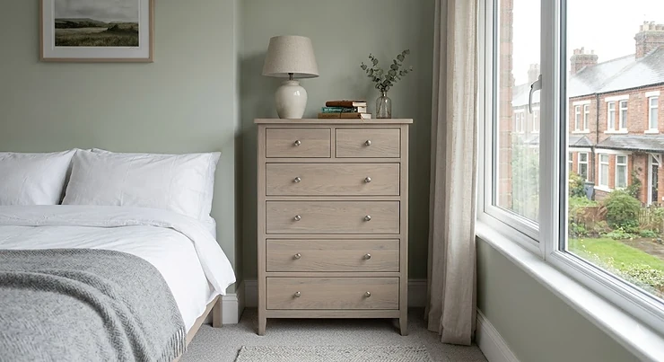 A tall, slim 8 drawer chest in a compact British bedroom, styled with a lamp and books to demonstrate space-saving storage. 8 drawer chest for small bedroom