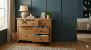 Internal view of an 8 drawer oak chest showing storage capacity for folded shirts and bed linen.