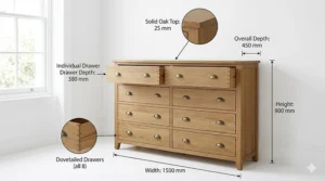A detailed 4K technical illustration of the oak 8 drawer chest with precise measurement callouts in mm for height, width, and depth against a white background.