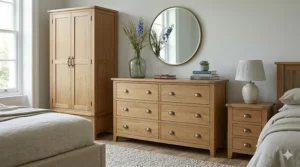 A photorealistic 4K technical illustration of the oak 8 drawer chest focusing on the traditional dovetail joints and solid wood construction details.