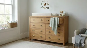 A photorealistic 4K image of the oak 8 drawer chest styled alongside a matching wardrobe and bedside table in a cohesive British bedroom furniture set.