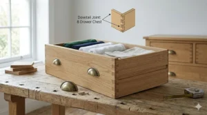 A photorealistic 4K image of the oak 8 drawer chest used as a baby changing table with a changing mat and nursery decor in a natural-light room.