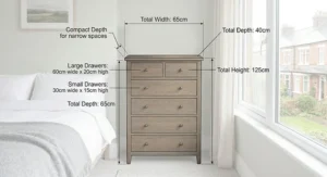 Technical drawing showing the narrow width and height of an 8 drawer tallboy chest, ideal for small rooms.
