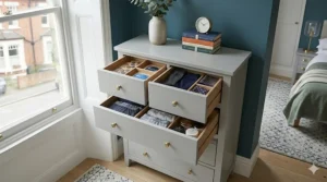 Internal view of a grey tallboy showing shallow top drawers with wooden organisers for jewellery and British coins.