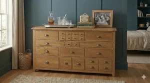 An 8 drawer wide chest used as a sideboard in a British home featuring a decanter and framed photo.