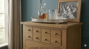 Close-up of a 10 drawer tallboy chest highlighting finish quality and top-surface styling with British accessories.