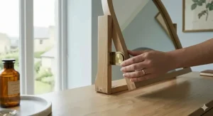 Demonstration of the brass tilting mechanism on a dresser with attached mirror for adjustable viewing angles.